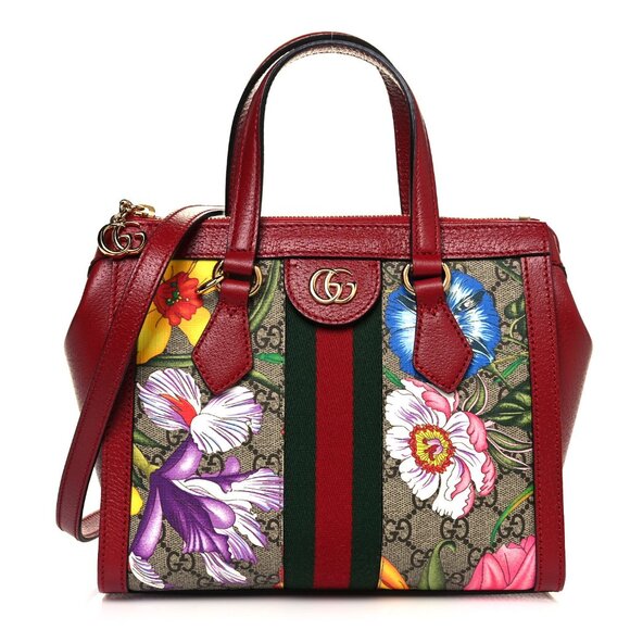 Gucci Ophidia Red Floral Small Tote Leather Canvas Flower Handbag Bag Italy NEW - Picture 1 of 15